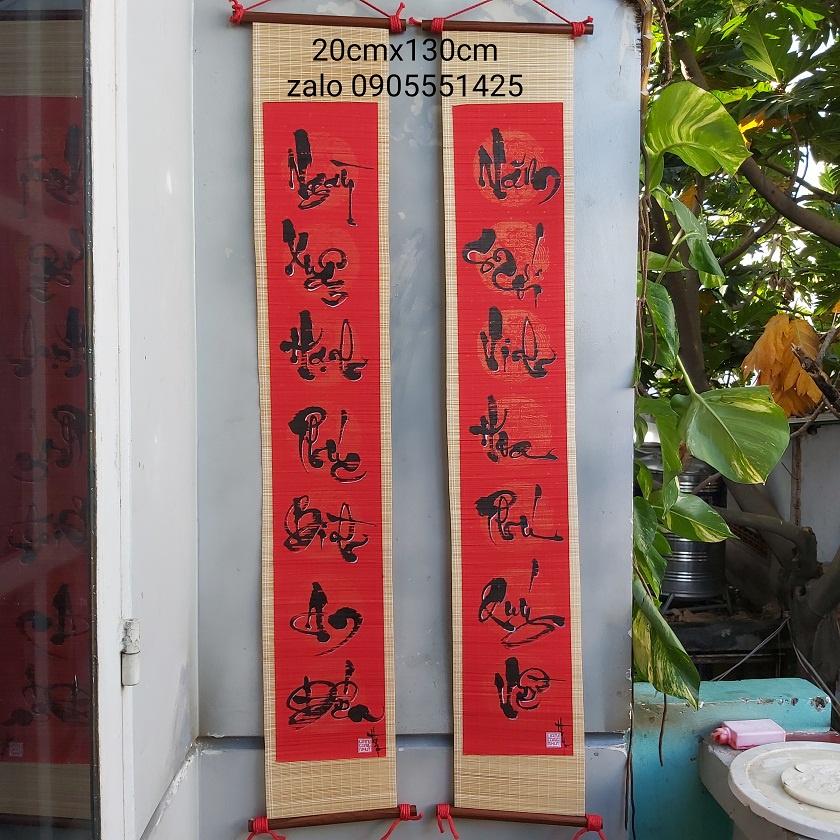 Câu đối tết. Đối bồi lụa 23cm x 130cm.Câu đối thư pháp. Quà tết . Tranh trang trí tết
