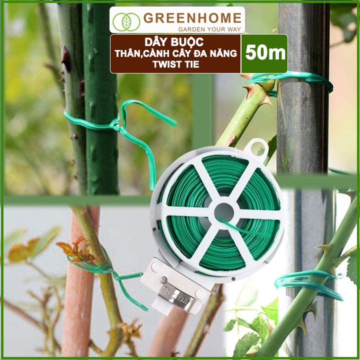 Dây Buộc Cành GreenHome, Dài 50m, Kẽm Bọc Nhựa, Tích Hợp Đầu Cắt Tiện Lợi, Cố Định Thân Cây, Làm Giàn Leo