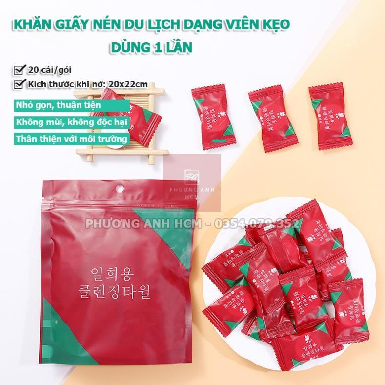 Túi 20 Khăn Giấy Nén Hàn Quốc Dạng Viên Kẹo Dùng 1 Lần - Có Khóa Zip Bỏ Túi Du Lịch Tiện Lợi (GÓI ĐỎ)