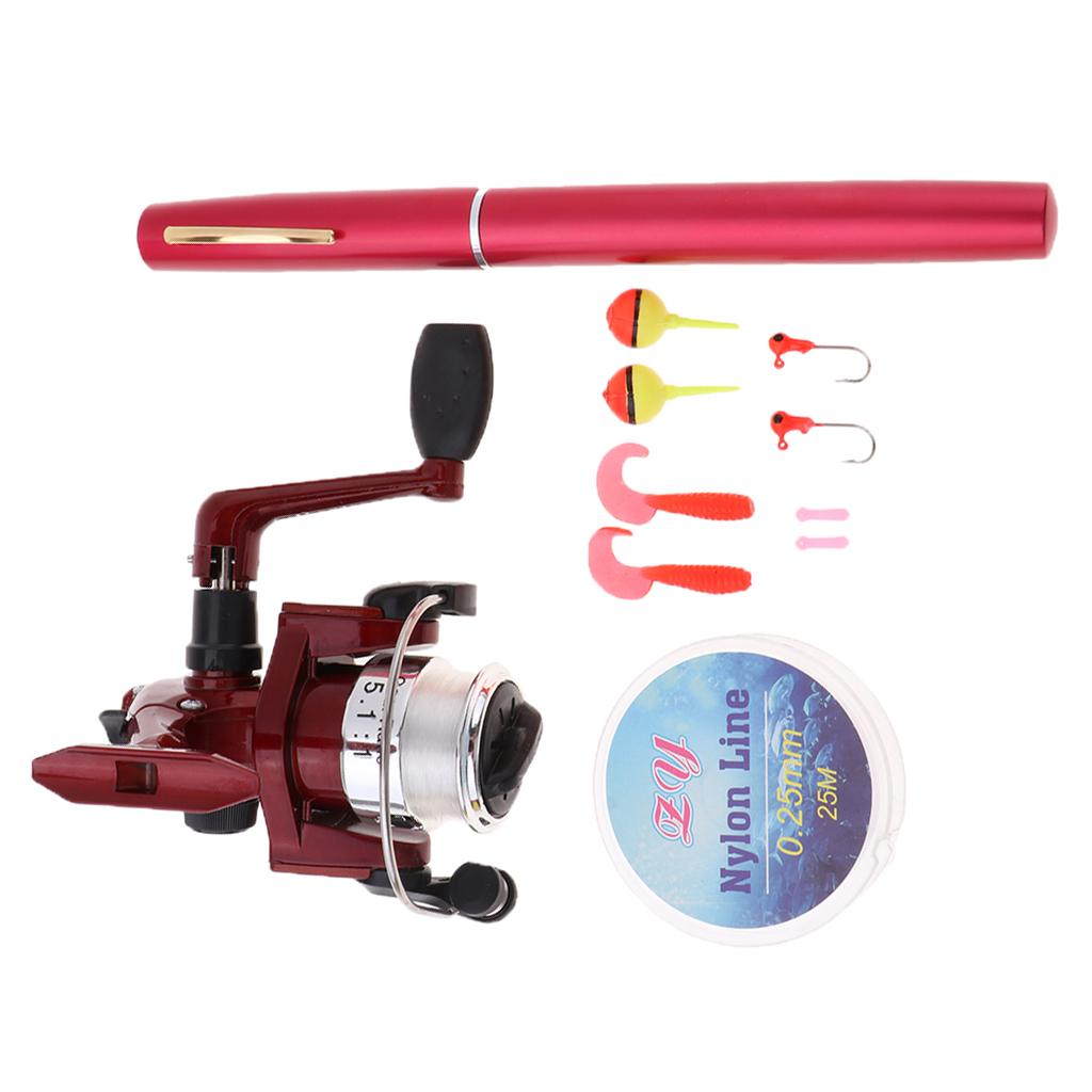 Mini Portable Pocket Fish Pen Shape Metal Fishing Rod Pole Reel Lure Hook