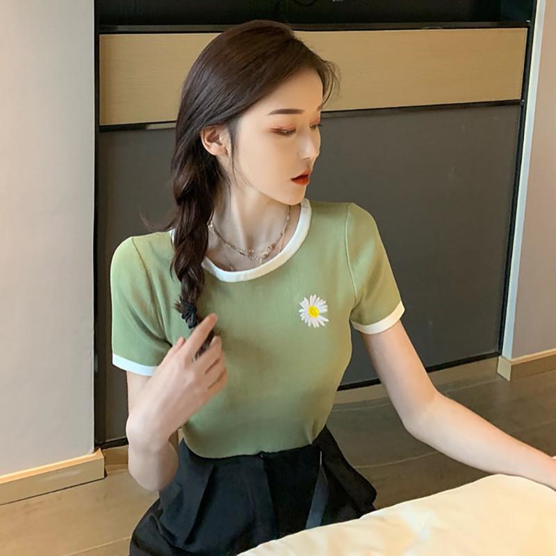 Áo Thun Nữ Tay Ngắn Thêu Hoa Phong Cách Hàn Quốc