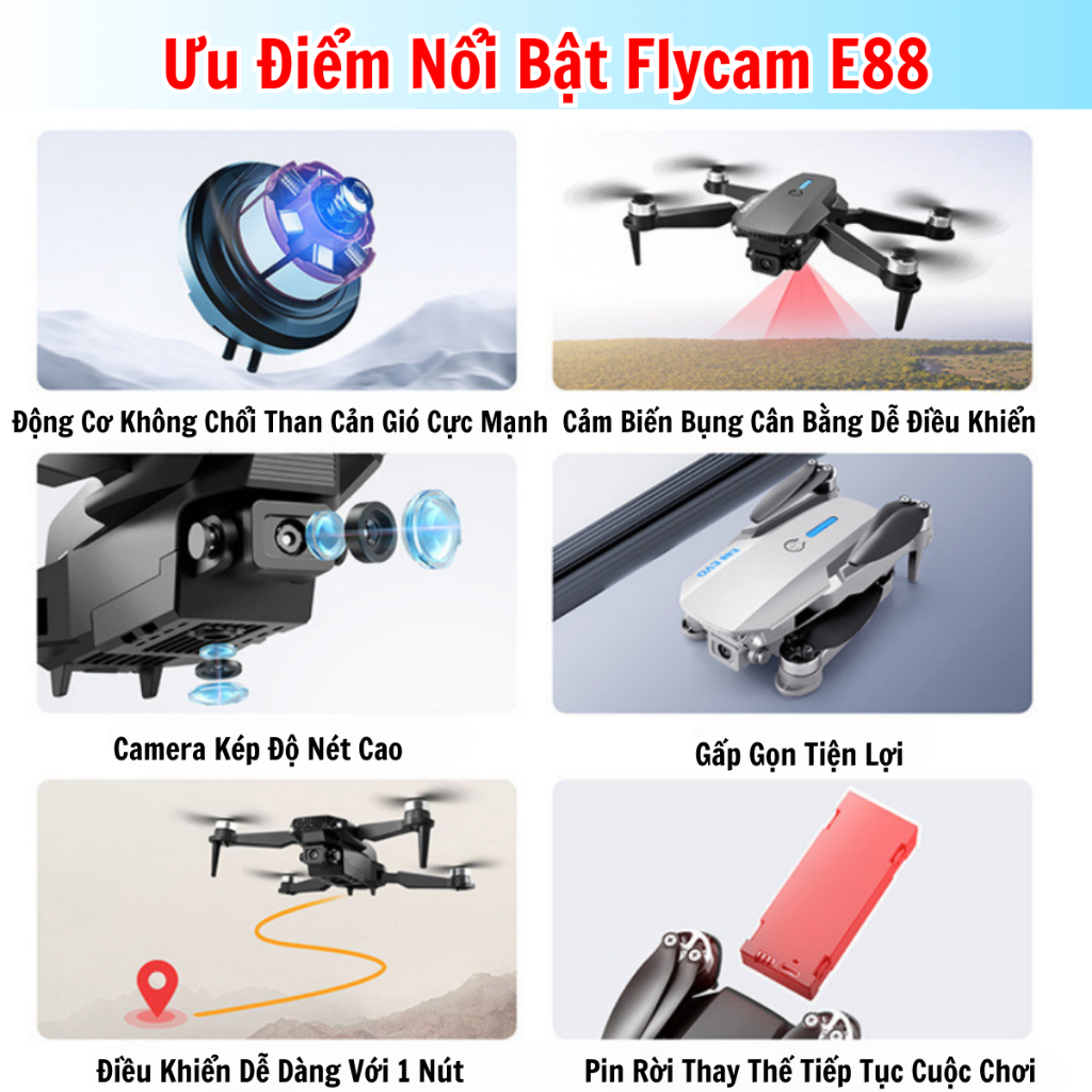 Máy Bay Flycam Camera 4K E88 Max 2024 Cao Cấp Động Cơ Không Chổi Than Siêu Bền Tránh Va đập, 2 Camera có cảm biến bụng giữ thăng bằng khi bay - Hàng Chính Hãng 