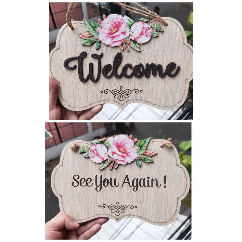 Bảng gỗ welcome 2 mặt treo cửa hàng trang trí shop