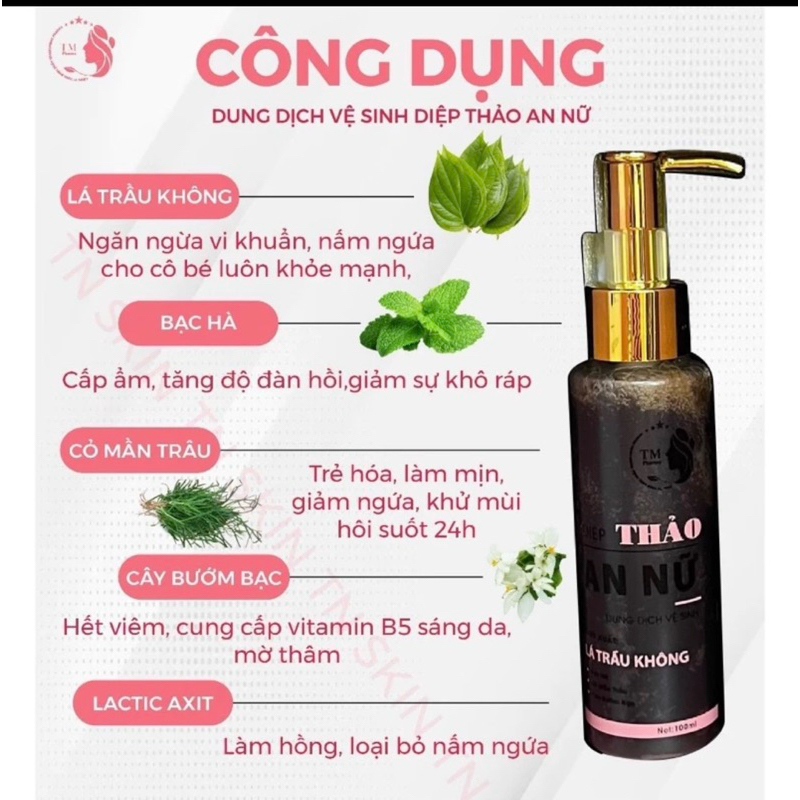 Dung dịch vệ sinh Diệp Thảo An Nữ giúp làm sạch nhẹ nhàng, cân bằng độ pH, giảm mùi hôi và ngăn ngừa viêm nhiễm nấm ngứa