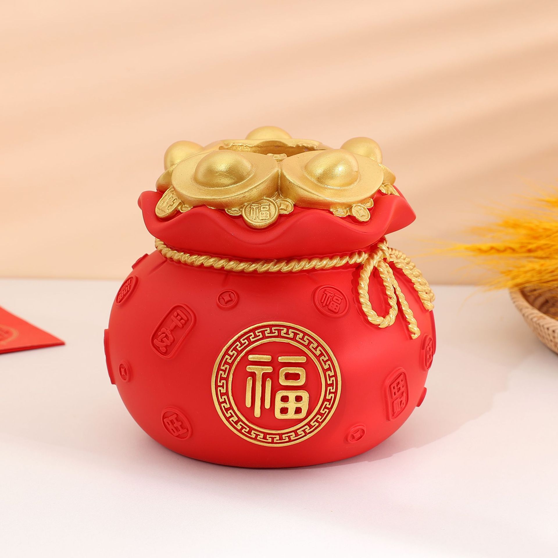 Chậu hoa hình túi tiền kèm 09 nhành đào đông đỏ trưng Tết Sức khỏe Giàu có Quà tặng Đồ trang trí