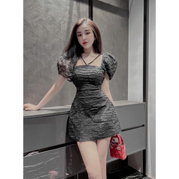 Đầm dự tiệc chất gấm tay phồng cổ chéo form chuẩn Velvet Dress