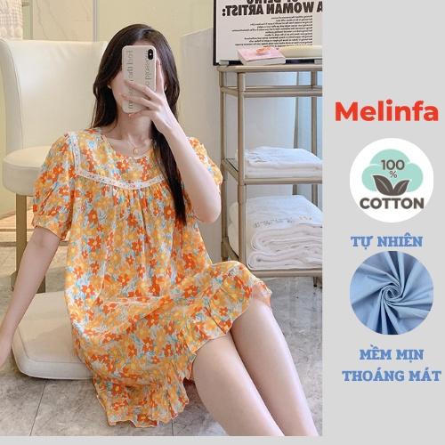 Váy đầm ngủ mặc nhà, áo ngủ ngắn tay phối ren vải Cotton tự nhiên mềm mại thoáng mát măc mùa hè mã VAV0468