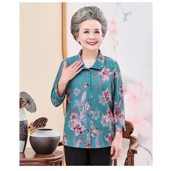 Áo trung niên nữ,áo sơ mi hoa bà cho mẹ,áo kiểu nữ trung niên sang trọng