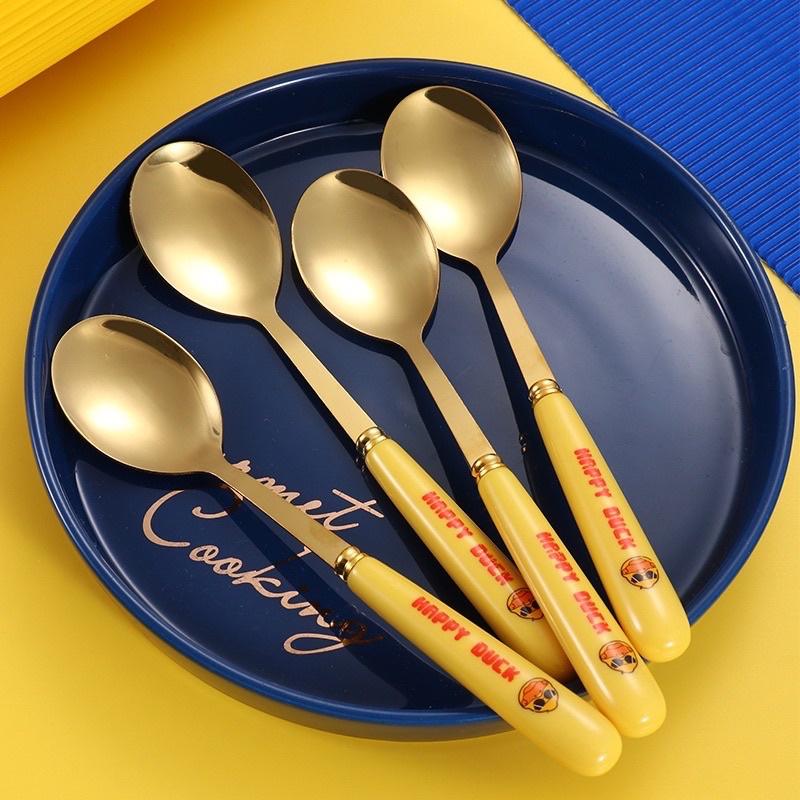 Set 6 thìa vịt vàng DUCK dễ thương kèm vỏ hộp xinh xắn - Bộ 6 muỗng hình vịt mạ vàng đáng yêu cán dài cho bé ăn dặm