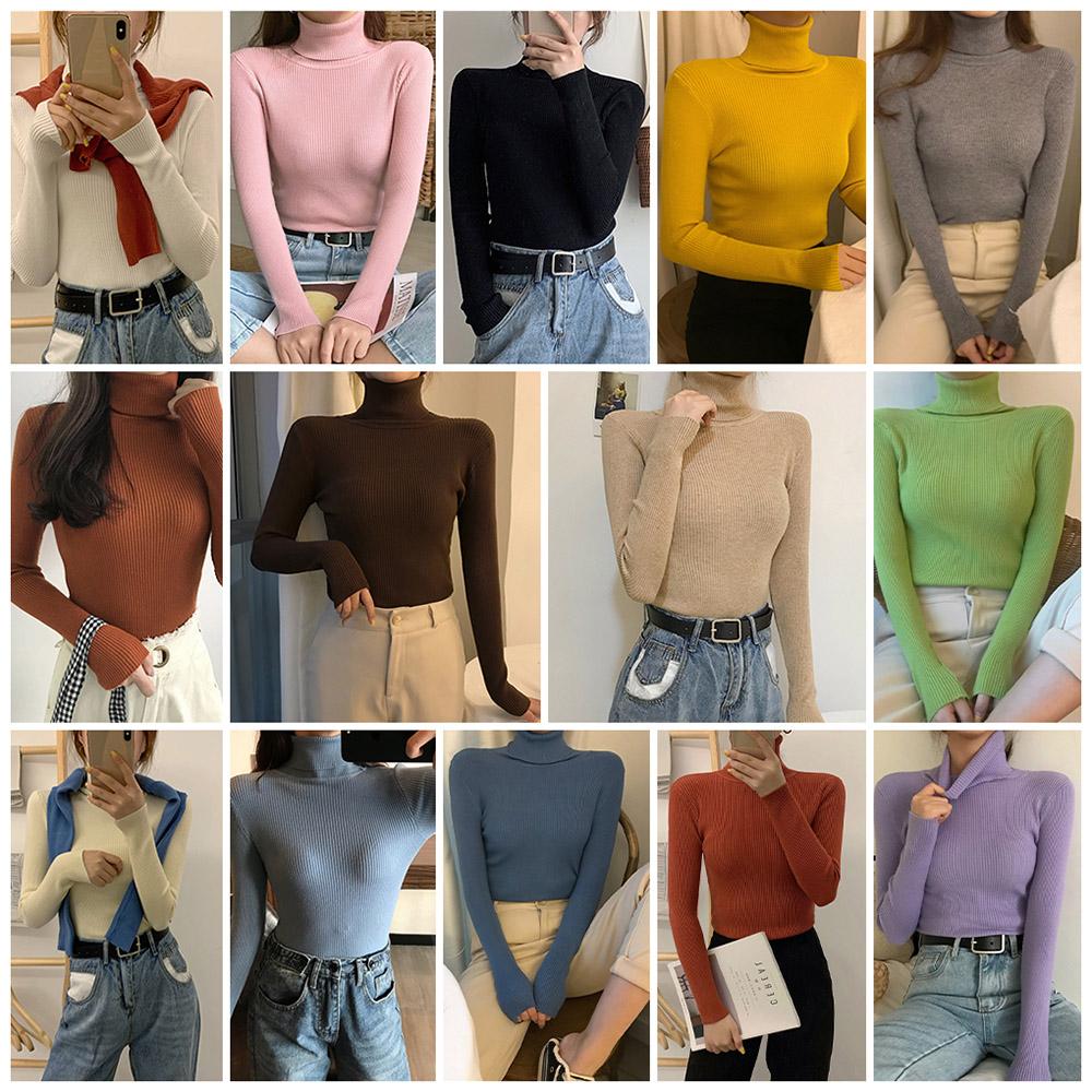 Fashion Women Autumn Winter Knitted Sweater Ribbed Long Sleeve Turtleneck Slim Jumper Soft Warm Pullover Tops