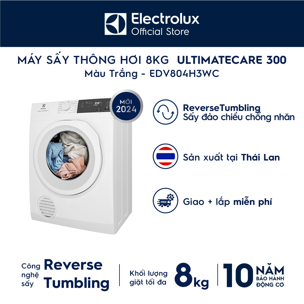 [Mới 2024] Máy sấy thông hơi Electrolux 8kg UltimateCare 300 - Trắng EDV804H3WC - Hàng chính hãng