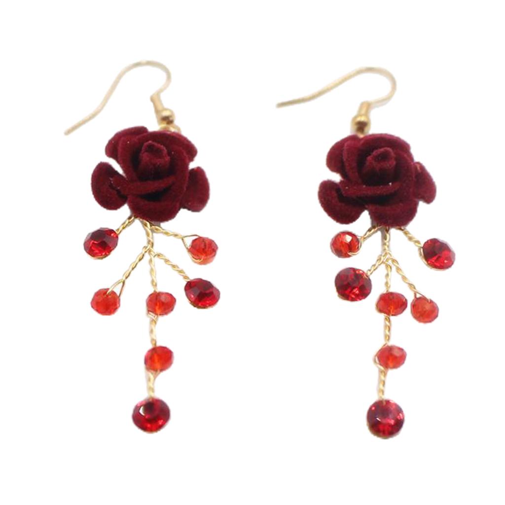 Bridal Red Crystal Drop Earrings Wedding Party Bridal Velvet Rose Earrings