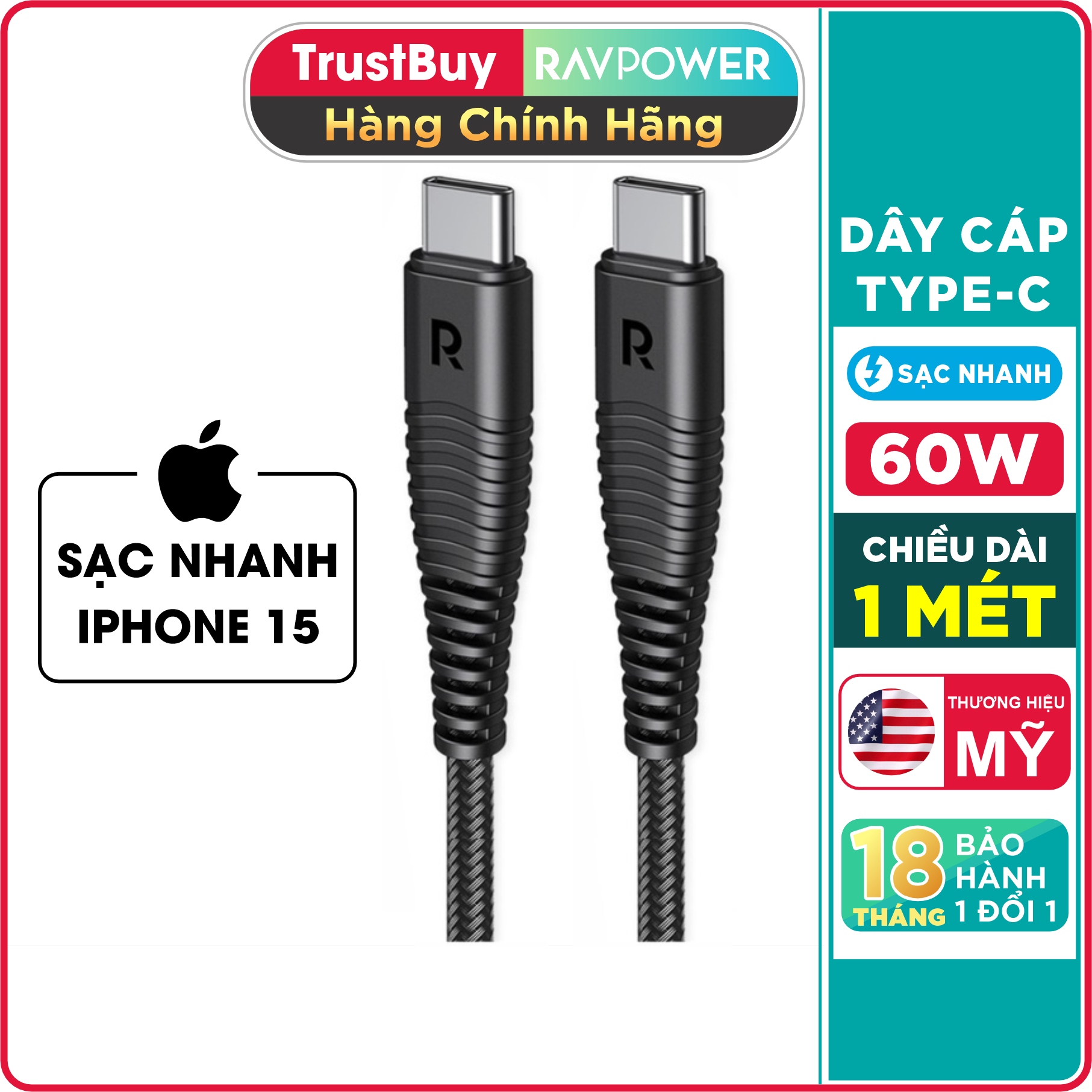 Hình ảnh Dây Cáp Sạc Type C to C Sạc Nhanh 60W, Dài 1m, Dây Dù Nylon Siêu Bền RAVPower RP-CB047 - Hàng Chính Hãng