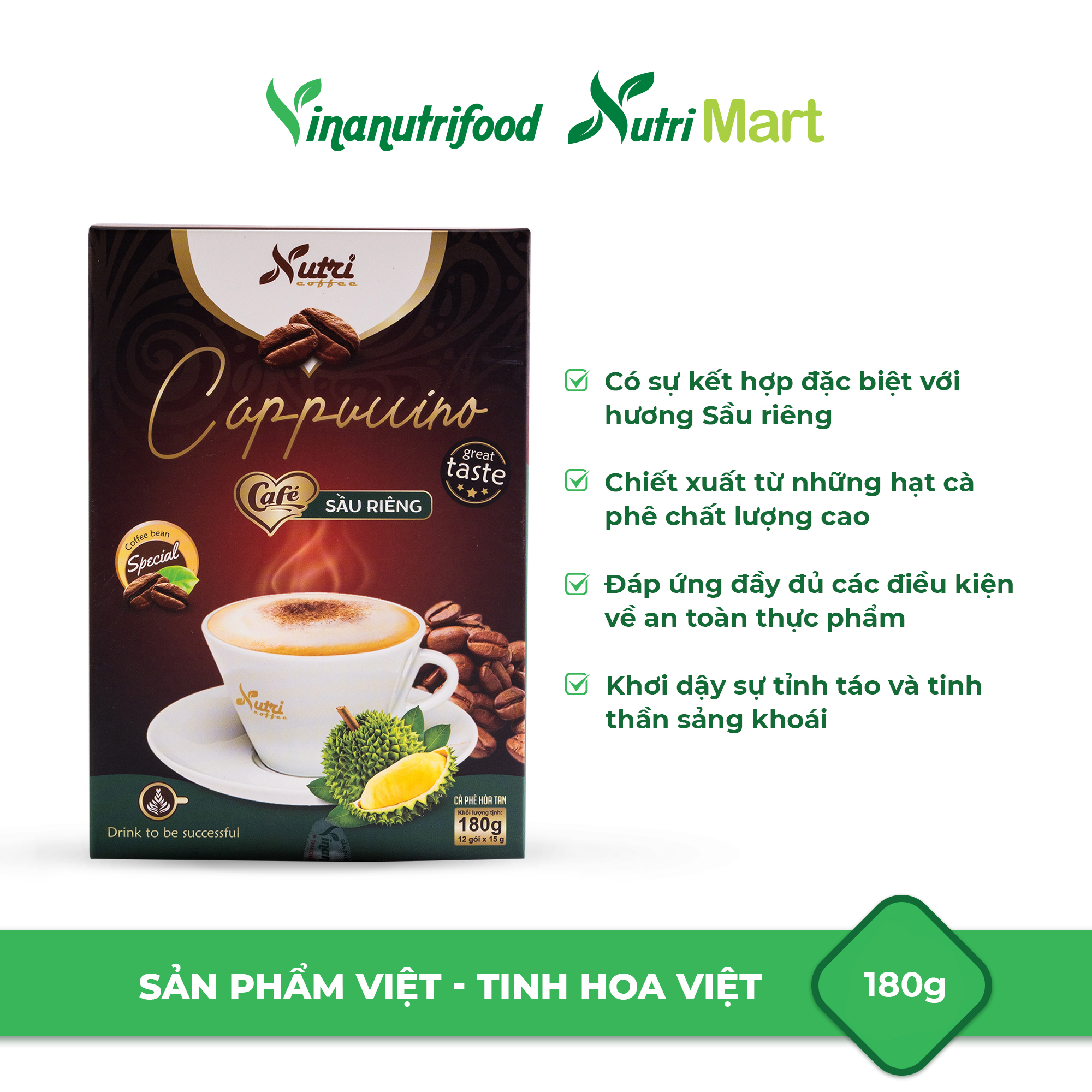 Cà phê capuchino sầu riêng Vinanutrifood C02, cafe sở hữu hương vị đặc trưng, thơm ngon hấp dẫn phù hợp mọi đối tượng, giúp giải tỏa căng thẳng, mệt mỏi, đảm bảo an toàn thực phẩm đáp ứng đầy đủ tiêu chuẩn GMP - WHO (15g x 12 gói)