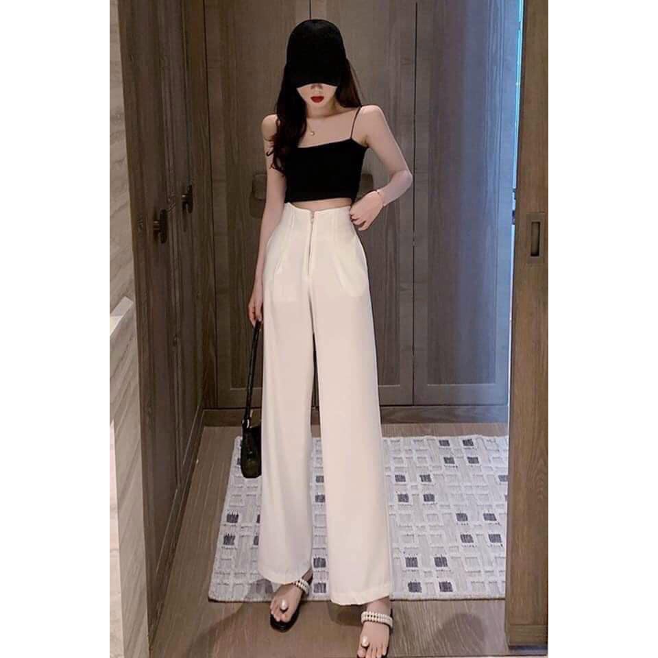 Quần ống rộng khoá dài không khuy mix với crop-top siêu cá tính