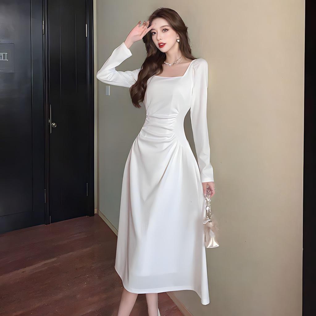 Đầm maxi cổ vuông tay dài xoắn eo