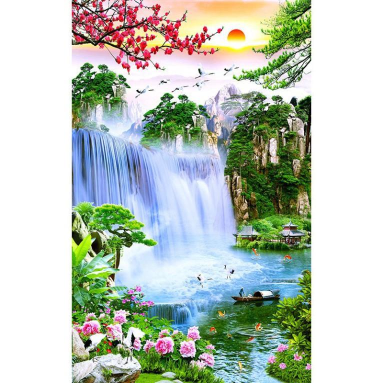 Tranh dán tường khổ dọc phong thủy sơn thủy hữu tình UD0384