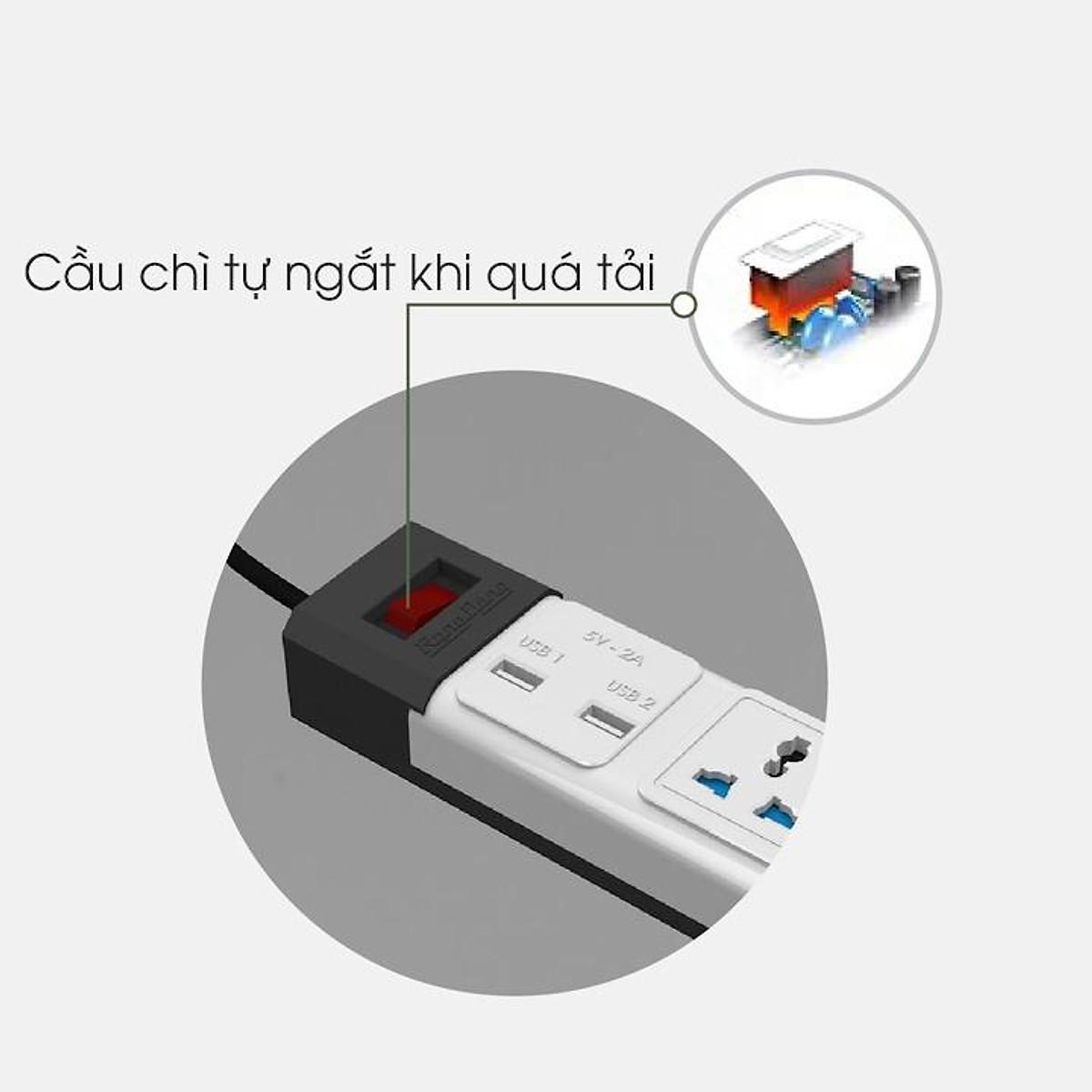 Ổ cắm điện Rạng Đông OC02.USB - Ổ điện thông minh tích hợp 2 cổng sạc USB - chống giật, tự ngắt, công suất 2500W - 3m