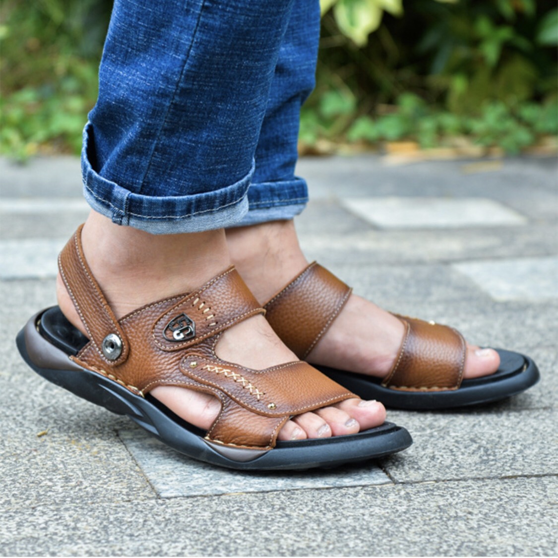 Sandal da bò đế kếp, da thật 100% kết hợp đế kếp cao 3,5cm cực đẹp khâu may chân quai siêu chắc chắn SD88