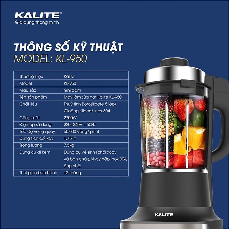 Máy Làm Sữa Hạt Kalite KL950, 2700W-1.75Lit, Sấy Khô Khử Khuẩn, Chống Tràn Thông Minh, Hàng Chính Hãng