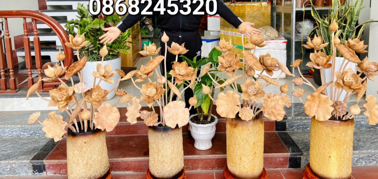2 bình hoa sen 19 cành ,phong thủy trang trí phòng khách ,phòng thờ bằng gỗ ngọc am thơm nức