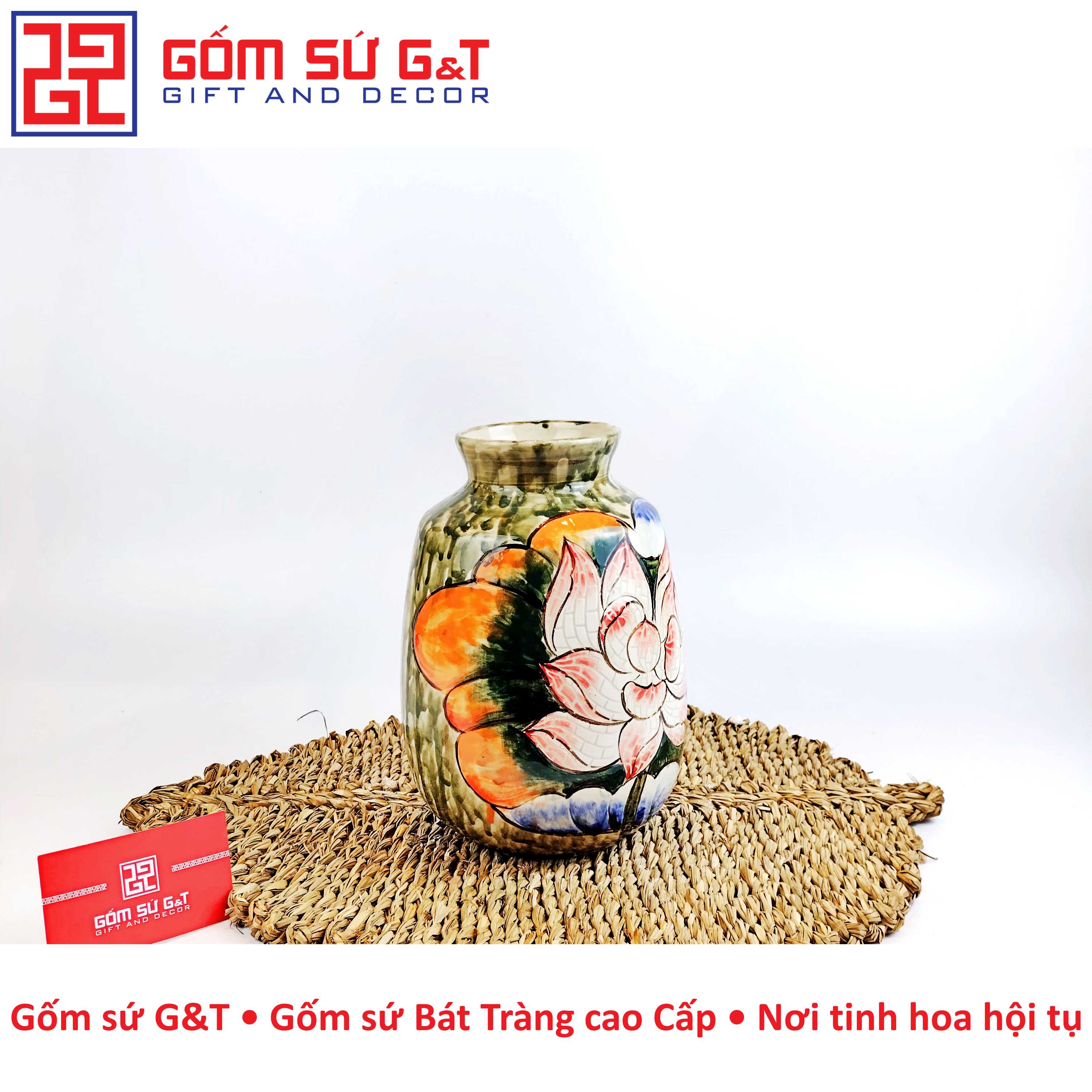 Lọ hoa vai vuông sen hồng Gốm Sứ G&amp;T