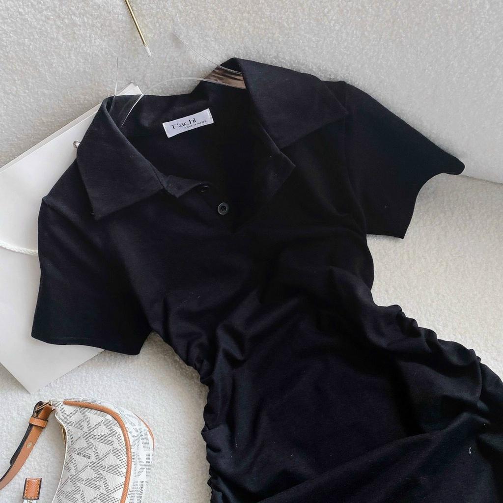 Đầm body đen cổ polo rút dây hông tôn dáng thảo nhi shop