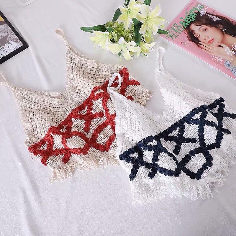 Áo 2 dây 2s len móc tua rua đi biển thêu chữ X