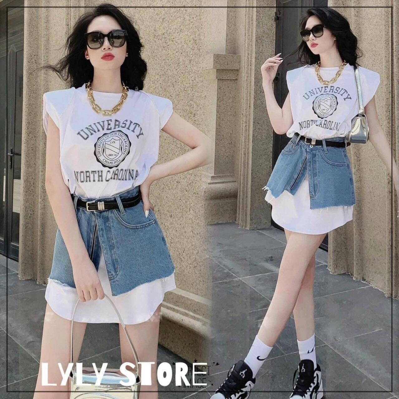 SET ĐI CHƠI, SET 2 MÓN ÁO THUN CỔ TRÒN ĐỆM VAI PHỐI CHÂN VÁY BÒ KÈM ĐAI SIÊU HOT