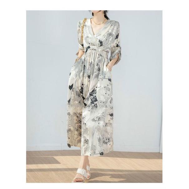 (sẵn-ảnh chụp)MAXI CỔ V TAY LỬNG HỌA TIẾT SANG TRỌNG