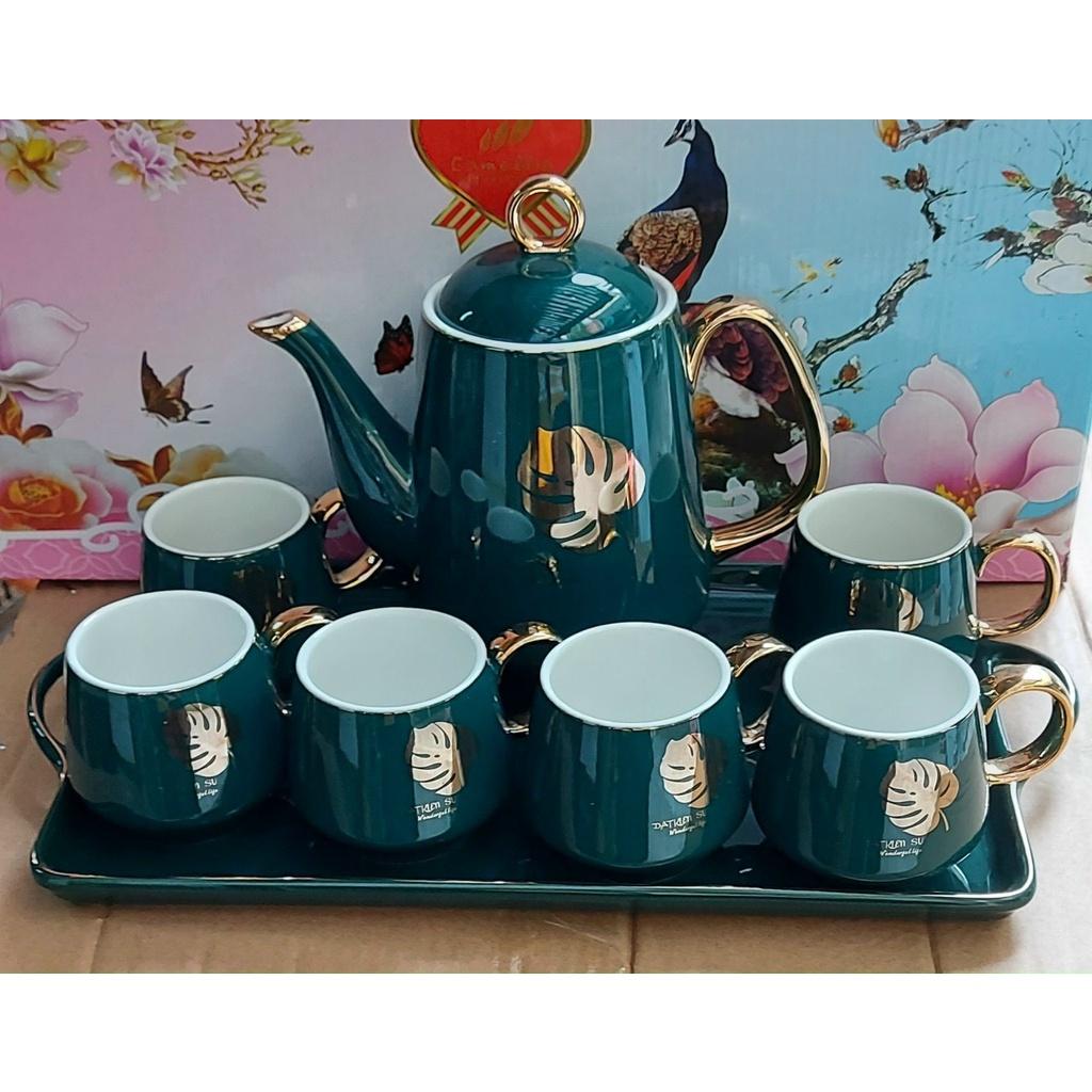 BỘ ẤM CHÉN SỨ MÀU XANH CỔ VỊT LÔNG VŨ CAO CẤP KÈM KHAY