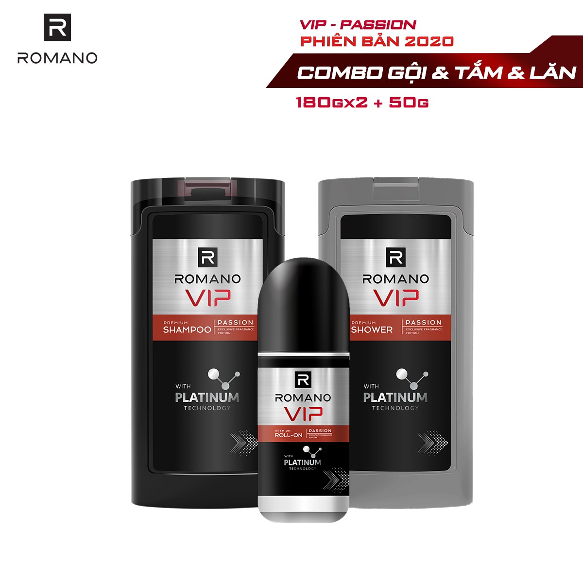 Combo Romano Vip Passion: Dầu gội 180g &amp; Sữa tắm 180g &amp; Lăn khử mùi 50ml