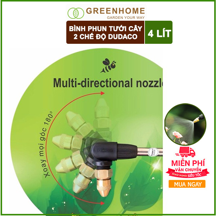 Bình tưới cây phun sương Dudaco, 4 lít, bơm nhẹ tay, 2 chế độ phun tia hoặc xoè, bền, đẹp |Greenhome