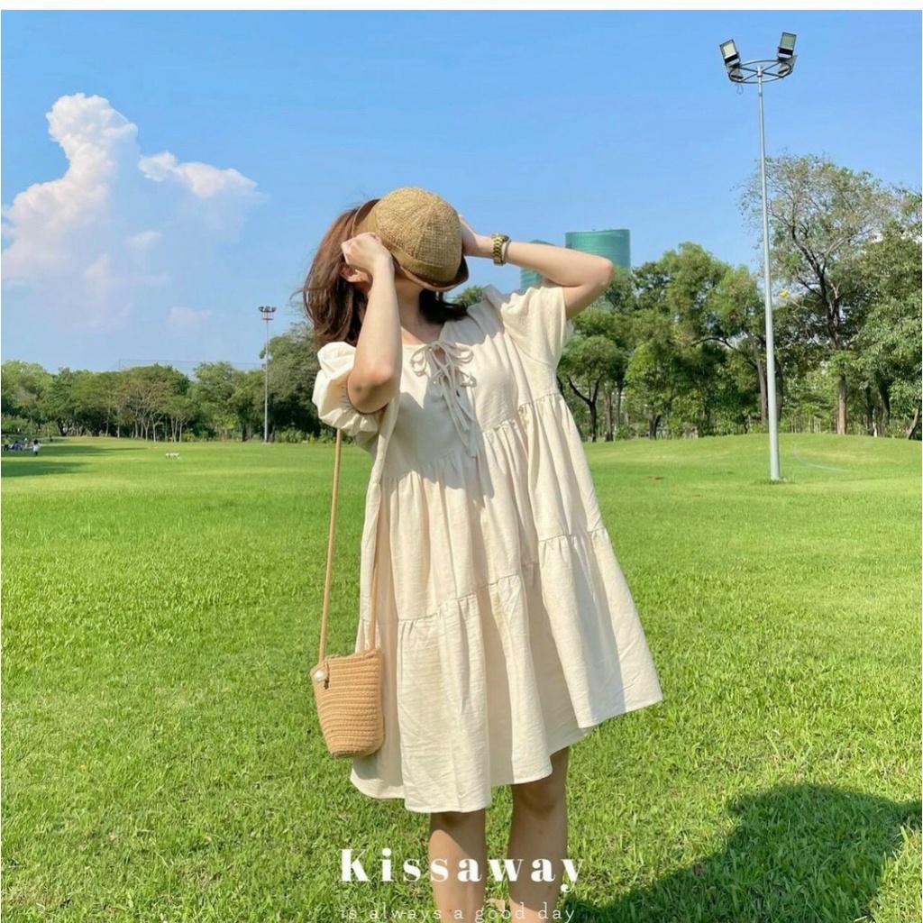 Váy babydoll nữ cộc tay buộc dây ngực, đầm nữ ngắn vải đũi siêu mát mẻ