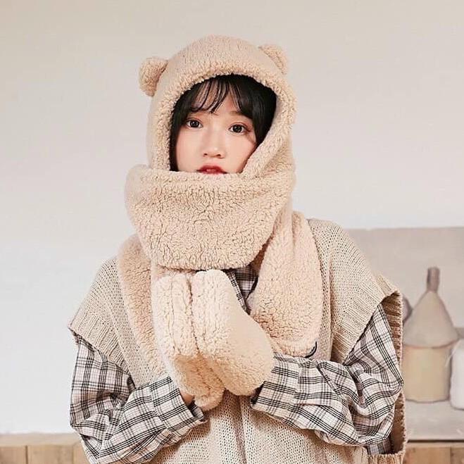 Mũ lông cừu kèm khăn quàng cổ kiêm túi để tay giữ ấm mùa đông 3 in 1