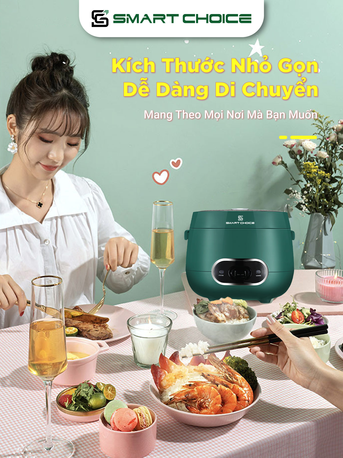 Nồi Cơm Điện Mini 1.2L SMARTCHOICE SCG-RC3001 Lòng Nồi Phủ Ceramic Chống Dính Cao Cấp, Nồi Cơm Điện Cơ Có Quay Xách Dùng Cho 1-3 Người Ăn, Nấu Chín Nhanh, Giữ Ấm Lâu - Hàng Chính Hãng