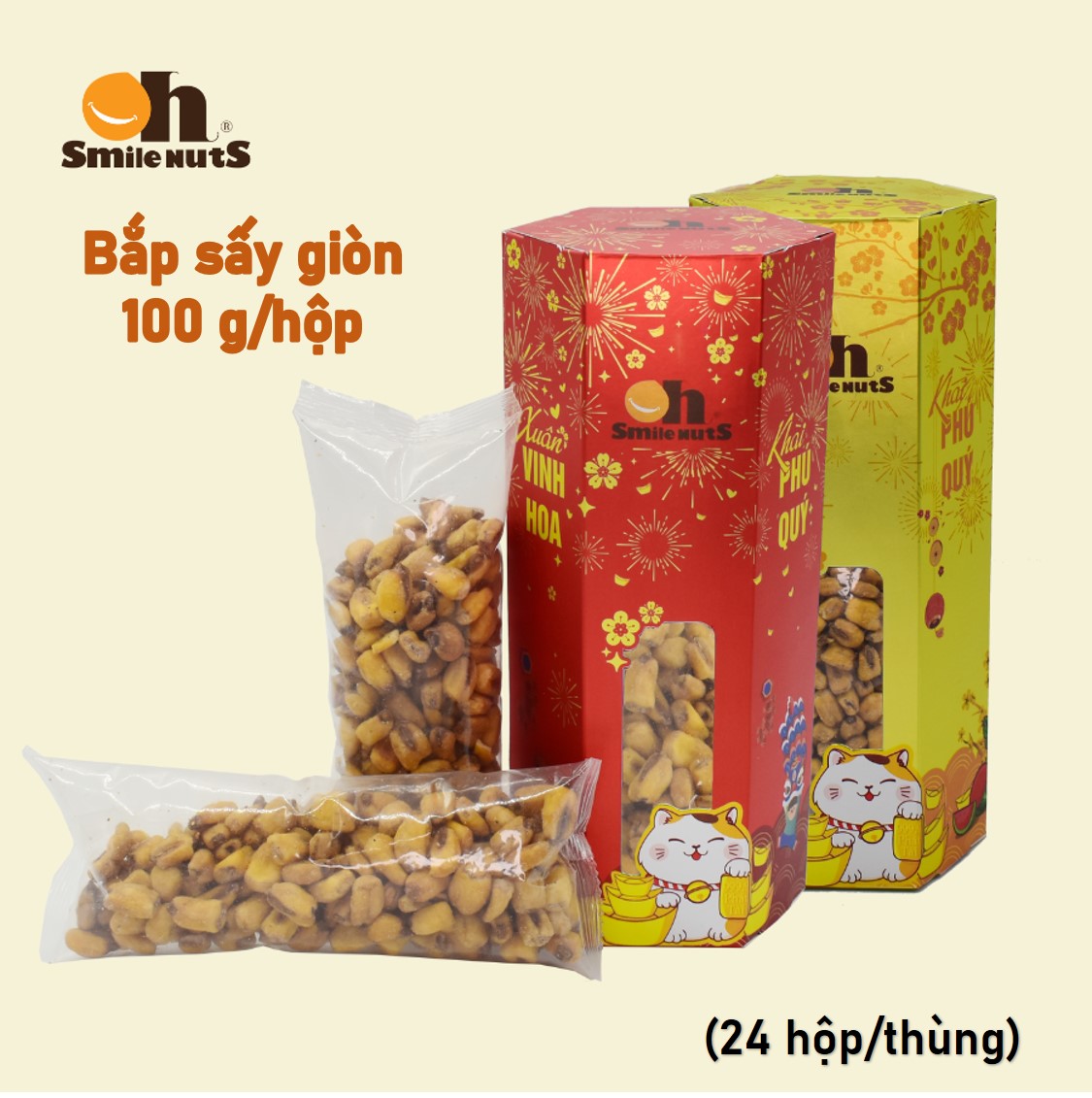 Bắp Sấy Giòn Smilenuts hộp 100g _ Nhập khẩu từ Tây Ban Nha _ Bắp sấy giòn rụm, thơm ngon, tẩm vị vừa ăn _ phù hợp ăn vặt, snack bắp rang/sấy giòn hảo hạng _ Quà tết hộp lục giác 2023