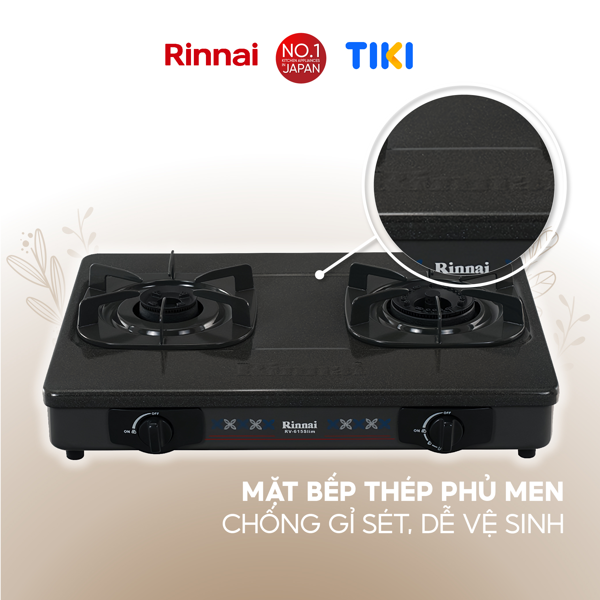 Bếp gas dương Rinnai RV-615Slim-SCH(VP) mặt bếp kính Schott và kiềng bếp men - Hàng chính hãng
