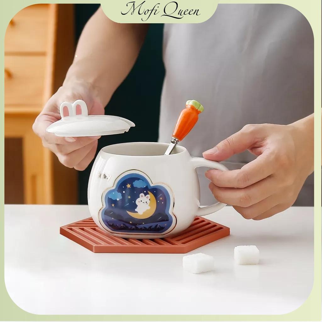 Cốc sứ có nắp, Sứ́, Quà lưu niệm, cute có nắp đậy, họa tiết bunny siêu đáng yêu 420ml