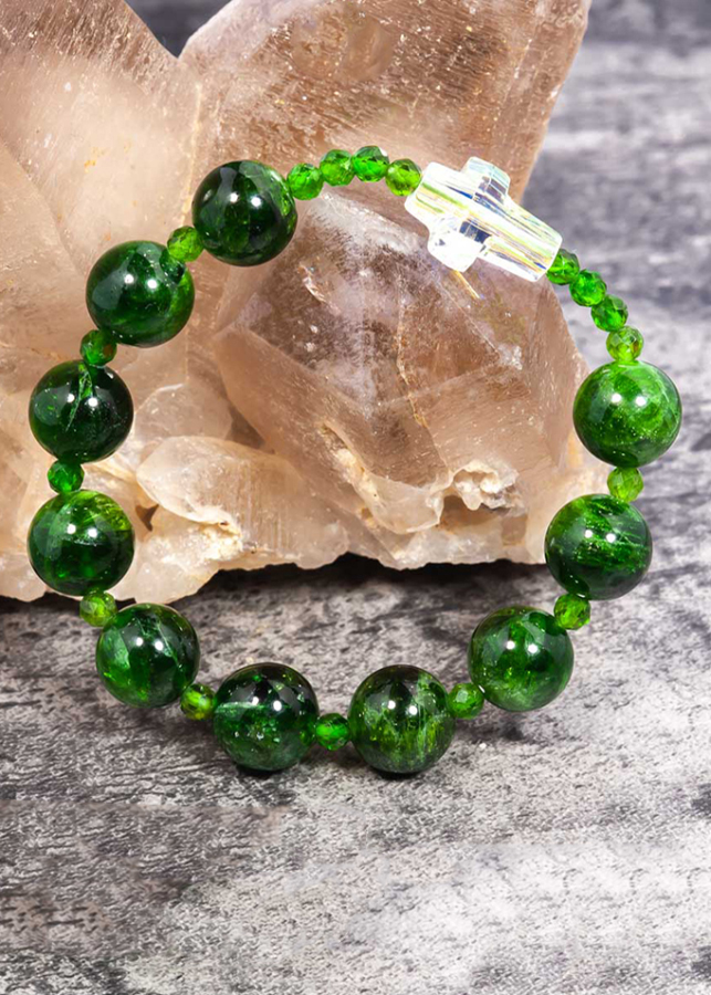 Vòng chuỗi mân côi Diopside mix thánh giá pha lê DIO02 - VietGemstones