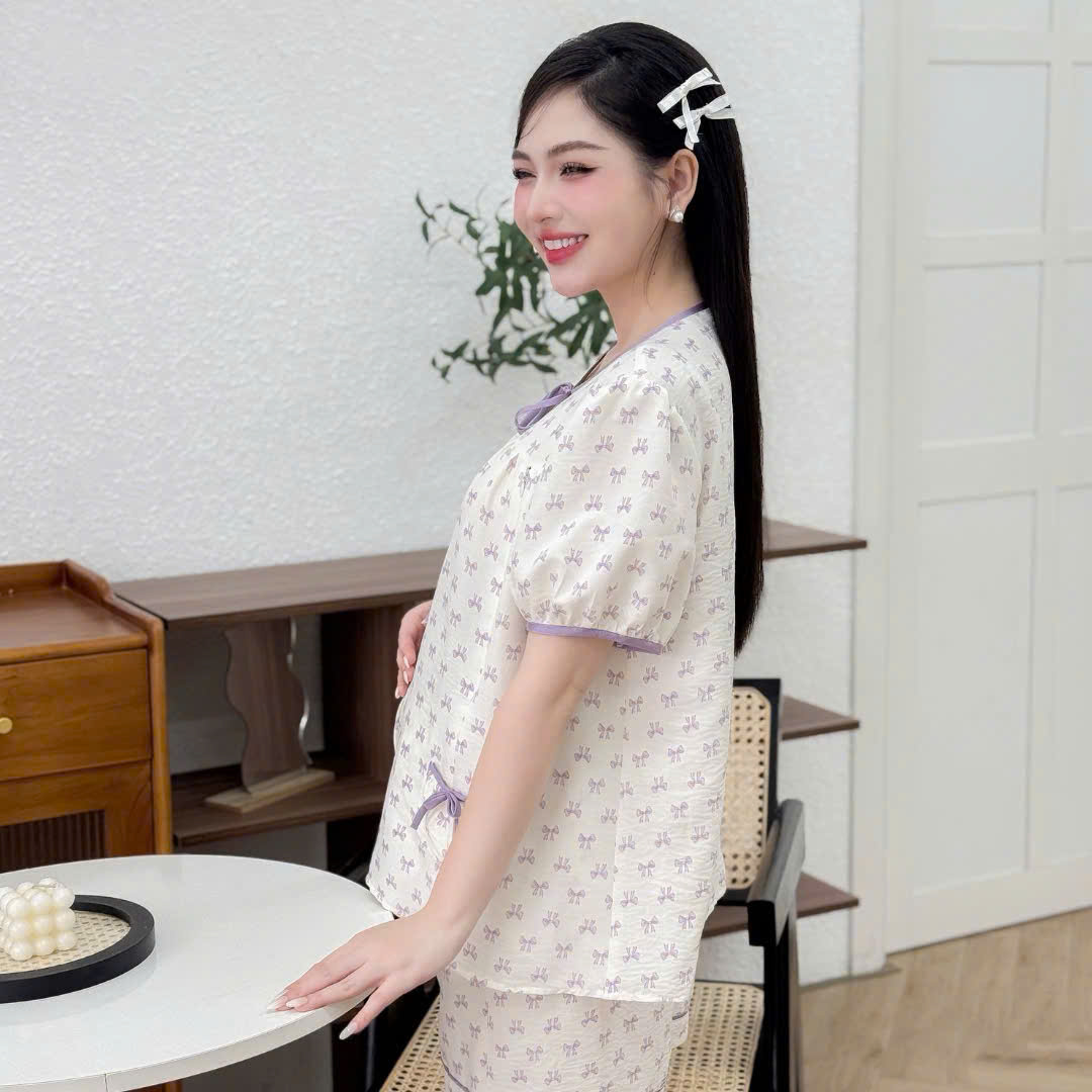 Bộ Sooc Đũi Nơ Tím Cho Mẹ Bầu. Chất đũi siêu nhẹ, mềm, thấm hút mồ hôi