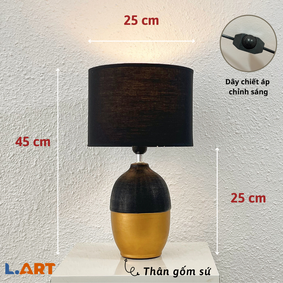 Đèn bàn gốm sứ phối đen vàng sang trọng với chao trụ đen DY19590