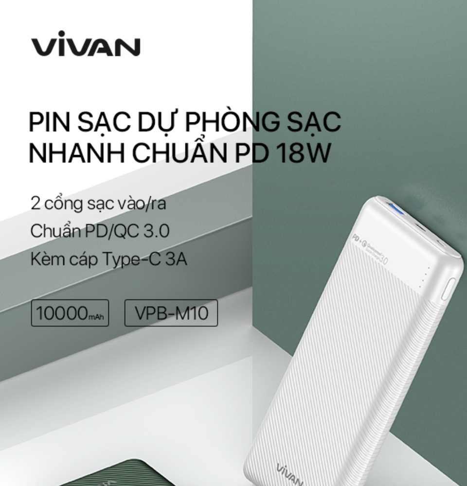 Pin Sạc Dự Phòng 10000mAh VIVAN VPB-M10 - Sạc Nhanh PD/QC 3.0 - Hàng Chính Hãng