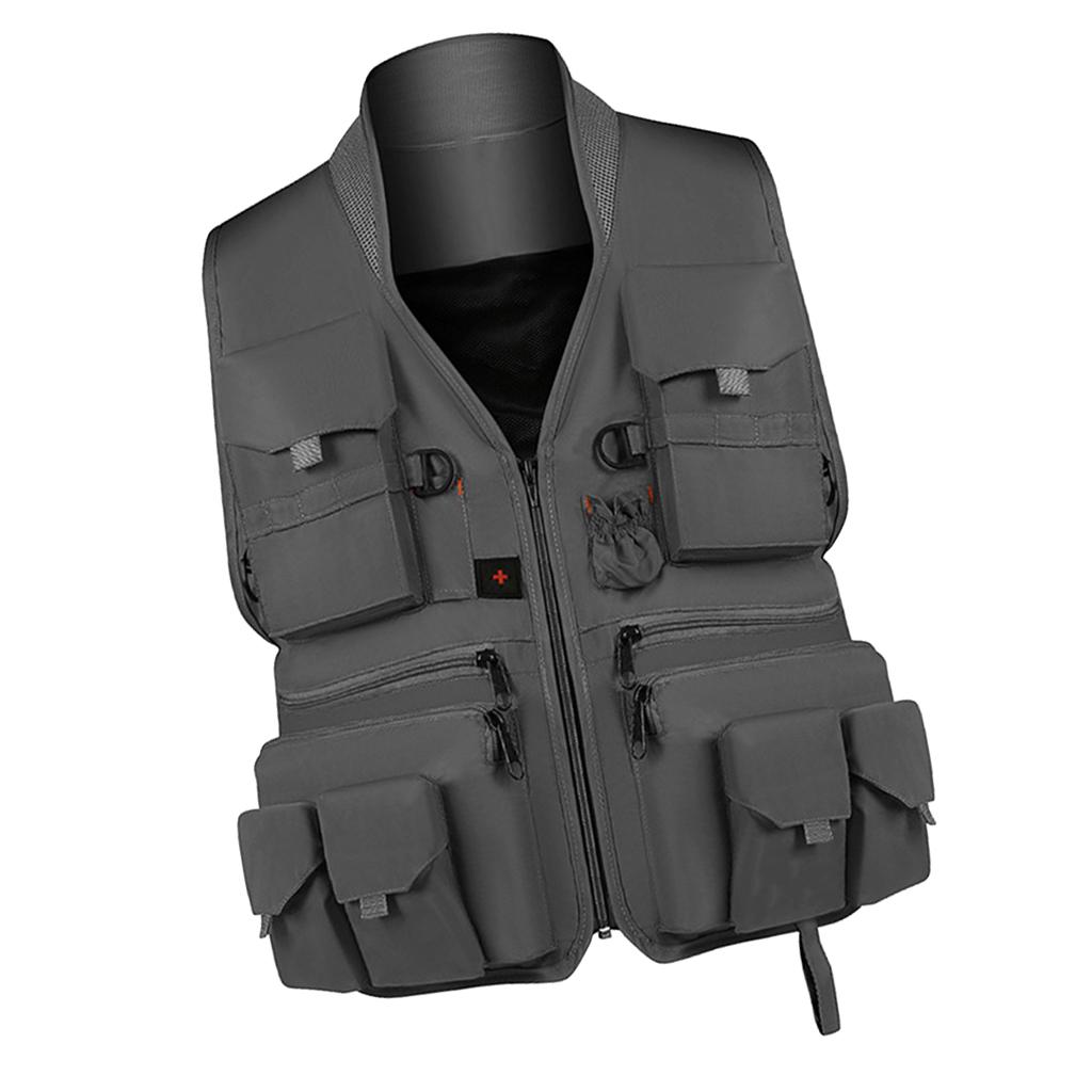 Multi Pocket Photography Hunting Fishing Vest Jacket Waistcoat Gray L