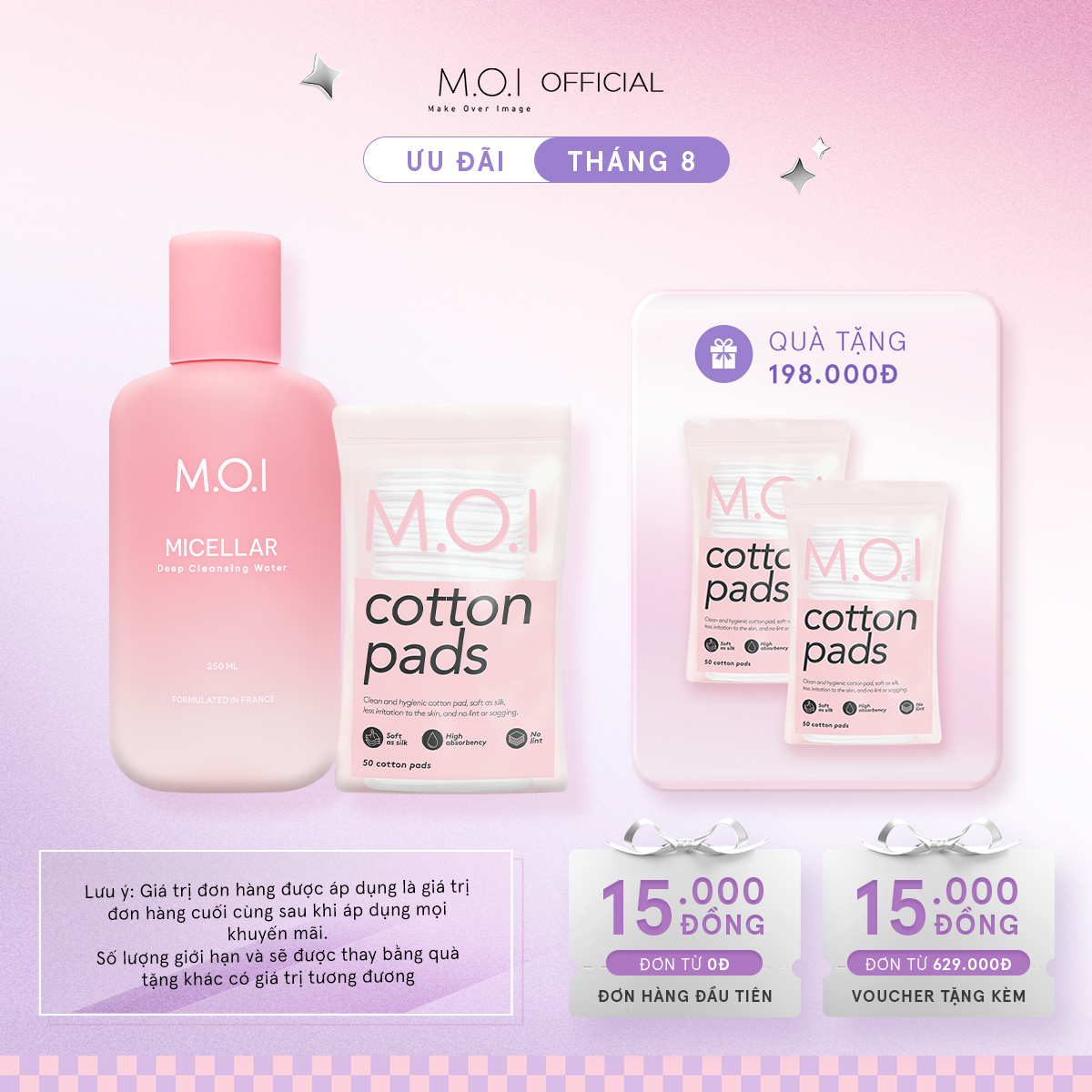Bộ đôi M.O.I Nước tẩy trang M.O.I Micellar Deep Cleansing Water và Bông tẩy trang