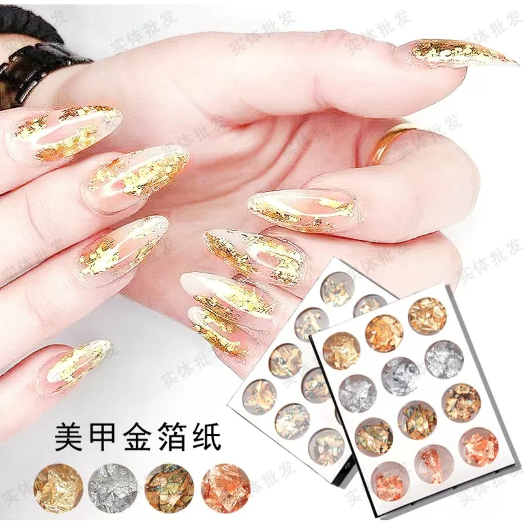 Set giấy bạc trang trí móng tay – giấy bạc nail 12 hũ gồm các màu thông dụng nhất dễ phối