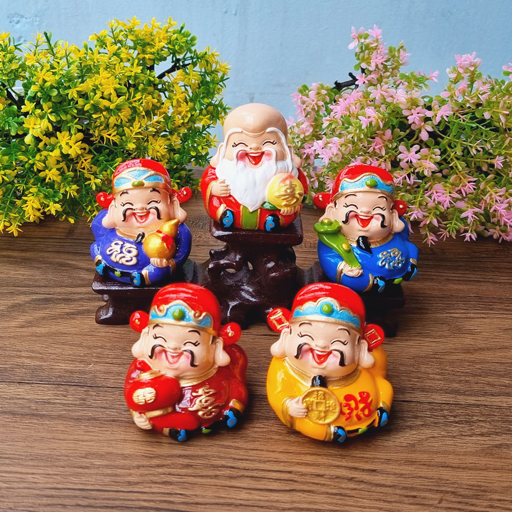 Bộ 05 tượng Ngũ Phúc 7cm mẫu tròn kèm đế tam cấp vuông nhỏ - tặng kèm túi 50 xu vàng may mắn