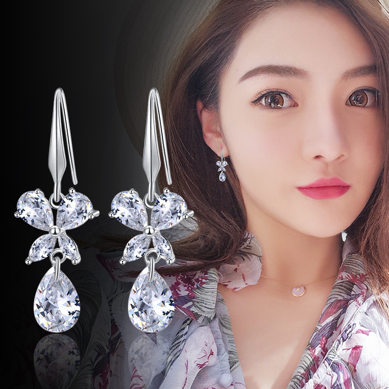Bông tai khuyên tai nữ đính nơ đá mix giọt nước