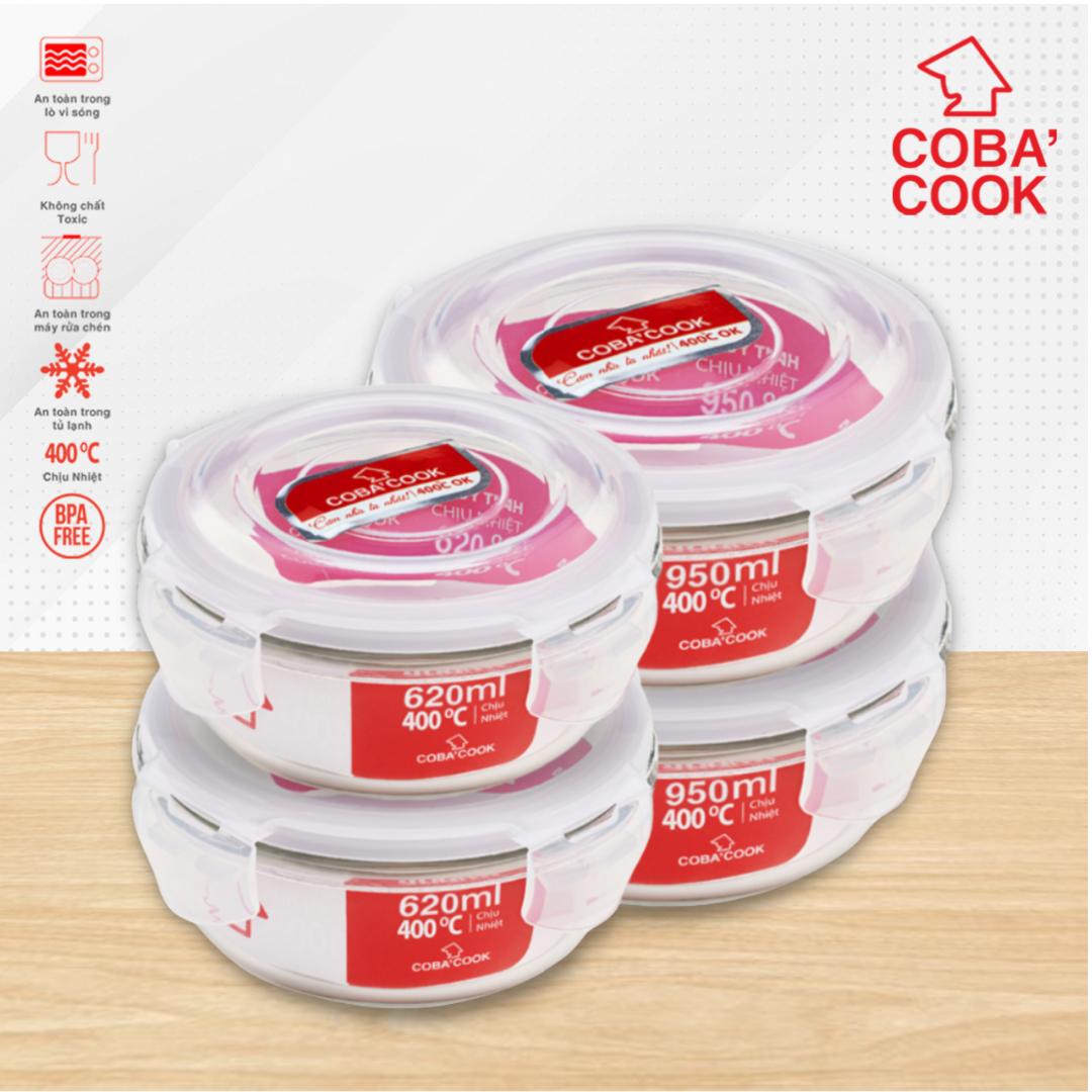 Bộ 4 hộp thủy tinh hình tròn trữ thực phẩm chịu nhiệt 2 hộp 950ml 2 hộp 620ml COBA'COOK-CCR6R94