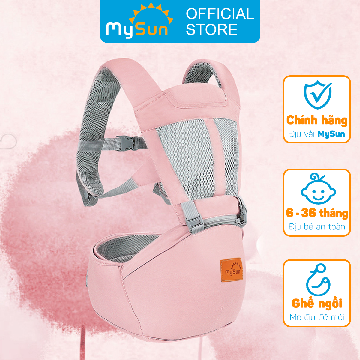 Đai địu vải lưới có bệ ngồi 4 tư thế cho trẻ sơ sinh, em bé 1 2 3  36 tháng tuổi đi xe máy MySun – Địu ngồi Hồng